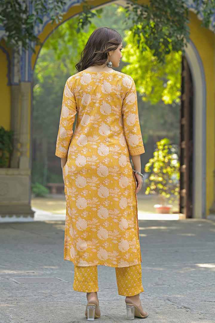 Yellow-Rayon-Blend-Floral-Printed-Straight-3-Piece-Kurta-Set
