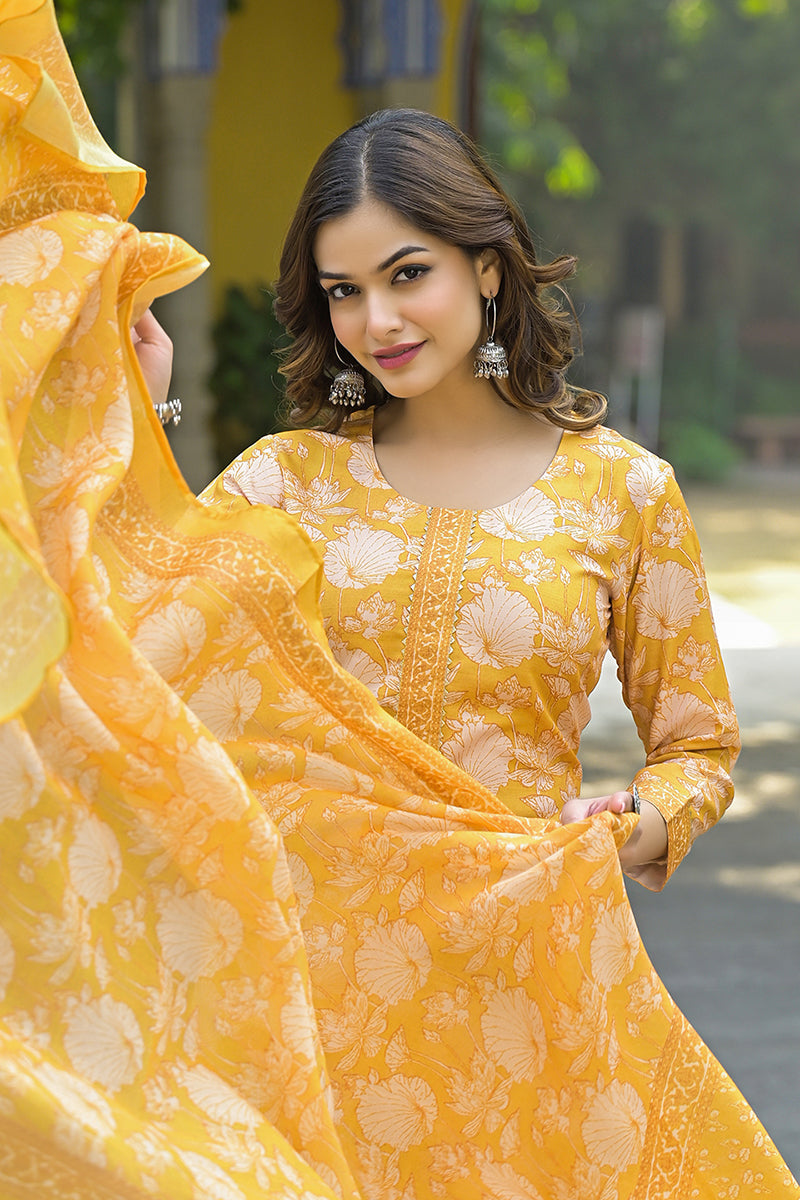 Yellow-Rayon-Blend-Floral-Printed-Straight-3-Piece-Kurta-Set