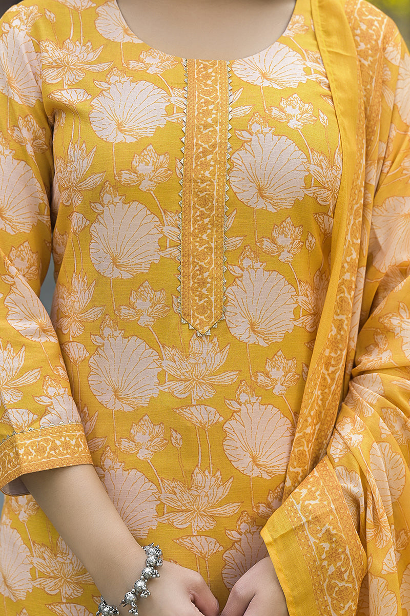 Yellow-Rayon-Blend-Floral-Printed-Straight-3-Piece-Kurta-Set