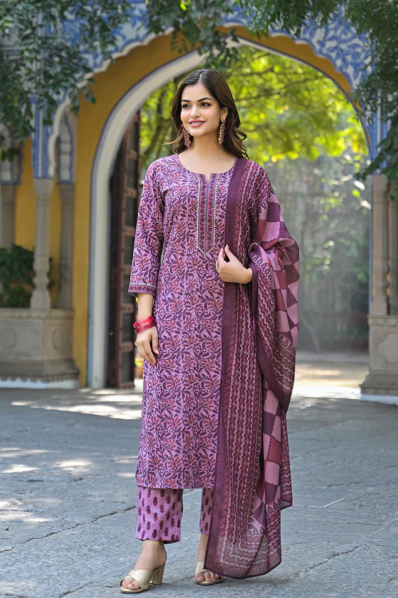 Pink Cotton Blend Floral Printed Straight Kurta Trousers With Dupatta