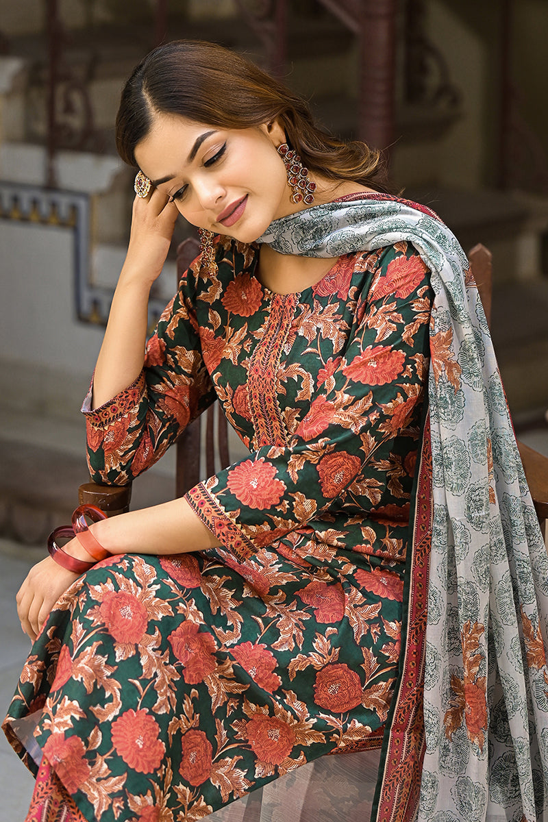 Green-Rayon-Blend-Floral-Printed-Straight-3-Piece-Kurta-Set