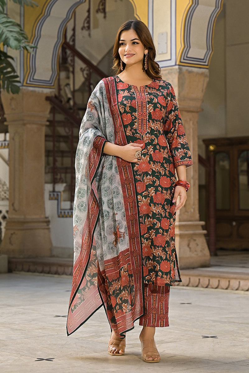 Green-Rayon-Blend-Floral-Printed-Straight-3-Piece-Kurta-Set