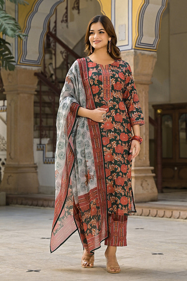Green-Rayon-Blend-Floral-Printed-Straight-3-Piece-Kurta-Set