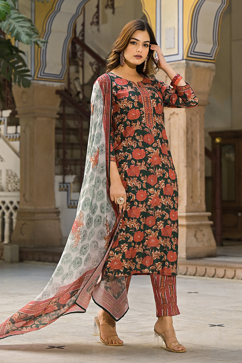 Green-Rayon-Blend-Floral-Printed-Straight-3-Piece-Kurta-Set