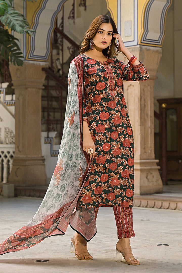Green-Rayon-Blend-Floral-Printed-Straight-3-Piece-Kurta-Set