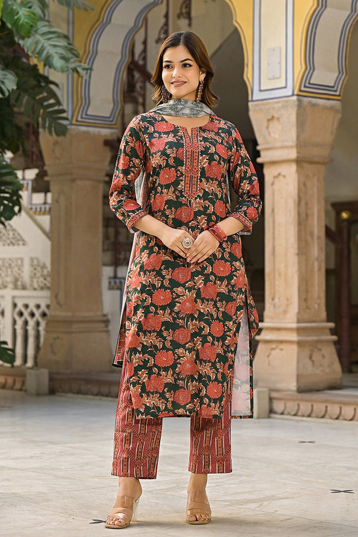 Green-Rayon-Blend-Floral-Printed-Straight-3-Piece-Kurta-Set