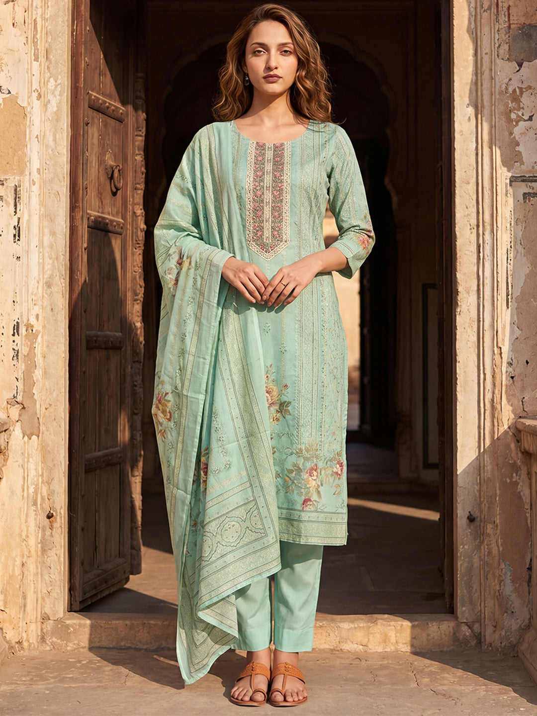 Teal Pure Cotton Ethnic Motifs Printed  Straight Kurta Sets