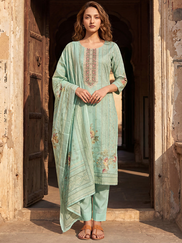 Teal Pure Cotton Ethnic Motifs Printed  Straight Kurta Sets