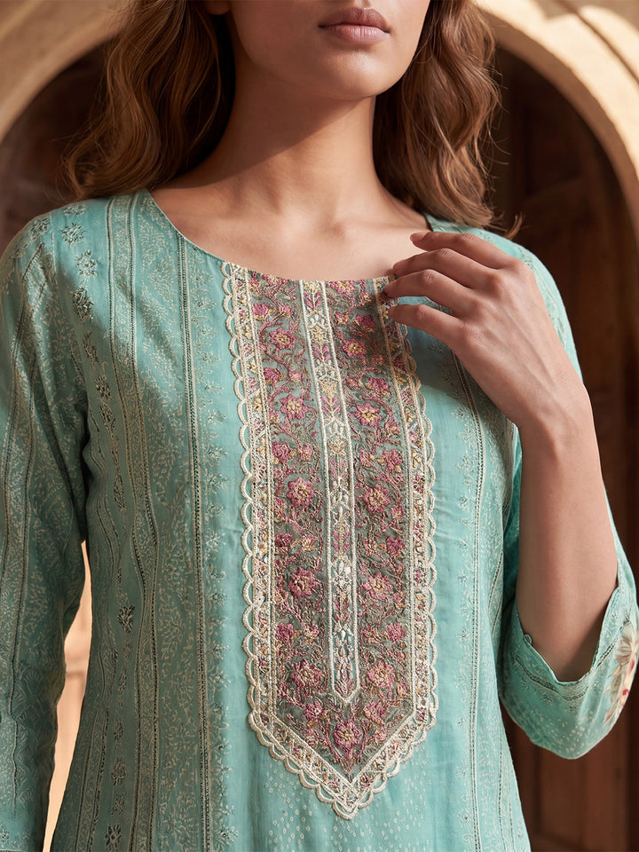 Teal Pure Cotton Ethnic Motifs Printed  Straight Kurta Sets