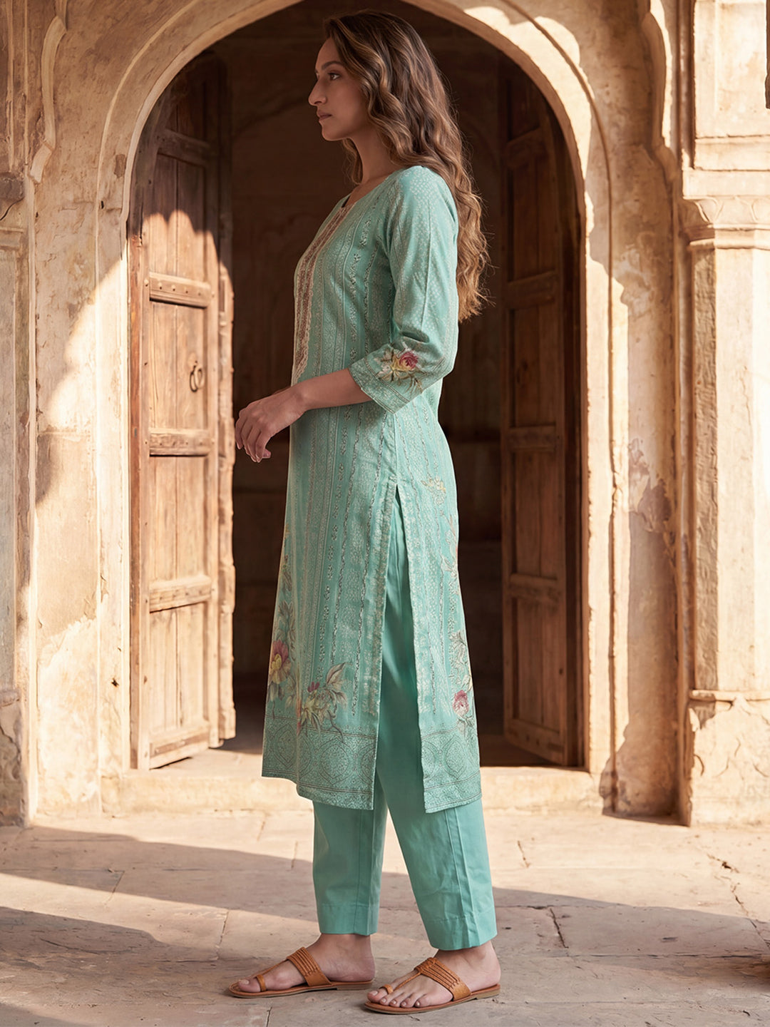 Teal Pure Cotton Ethnic Motifs Printed  Straight Kurta Sets