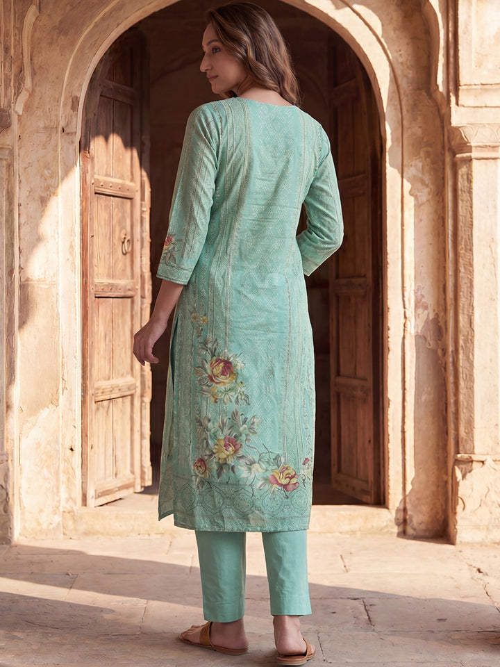 Teal Pure Cotton Ethnic Motifs Printed  Straight Kurta Sets