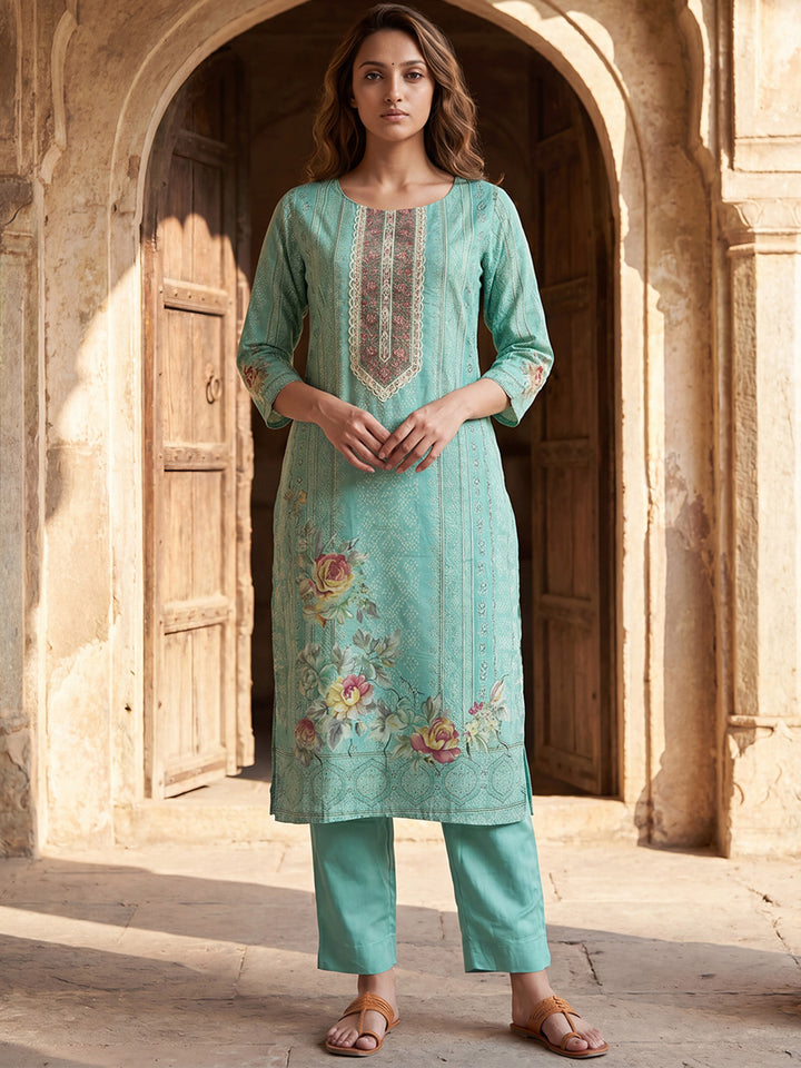 Teal Pure Cotton Ethnic Motifs Printed  Straight Kurta Sets