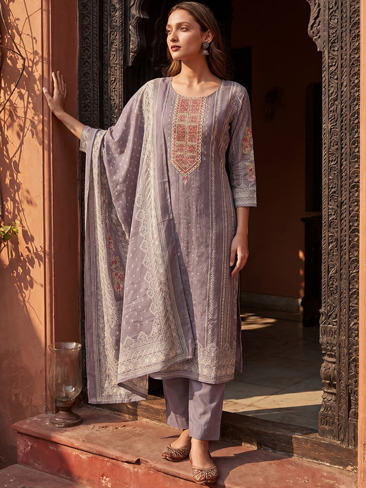 Lavender Pure Cotton Ethnic Motifs Printed  Straight Kurta Sets