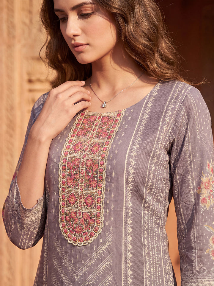 Lavender Pure Cotton Ethnic Motifs Printed  Straight Kurta Sets