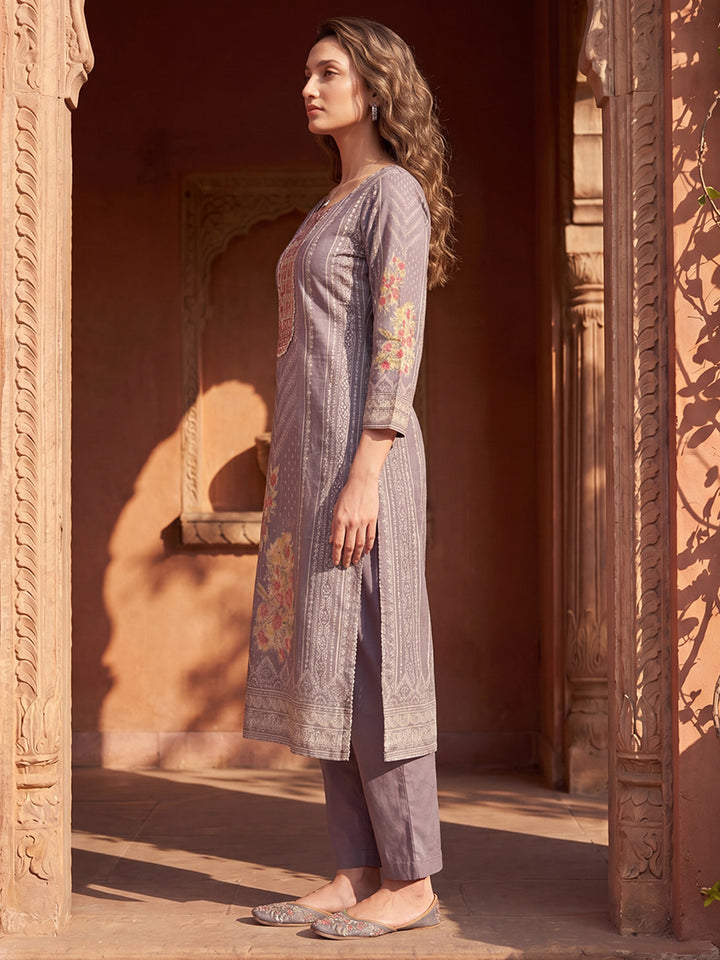 Lavender Pure Cotton Ethnic Motifs Printed  Straight Kurta Sets