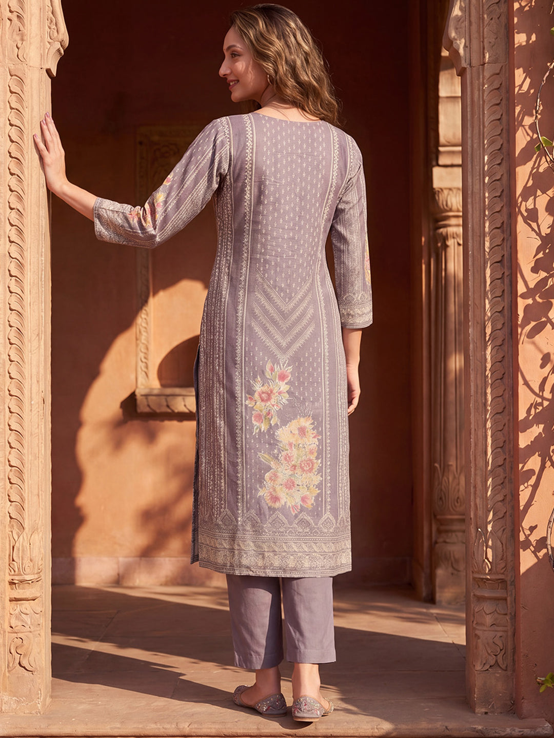 Lavender Pure Cotton Ethnic Motifs Printed  Straight Kurta Sets