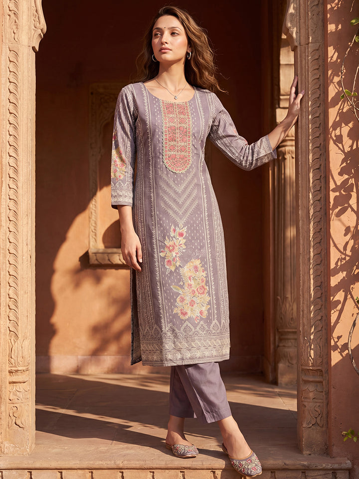Lavender Pure Cotton Ethnic Motifs Printed  Straight Kurta Sets