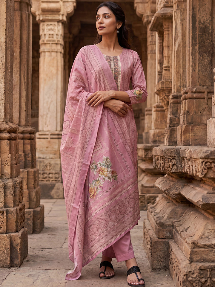 Pink Pure Cotton Ethnic Motifs Printed  Straight Kurta Sets