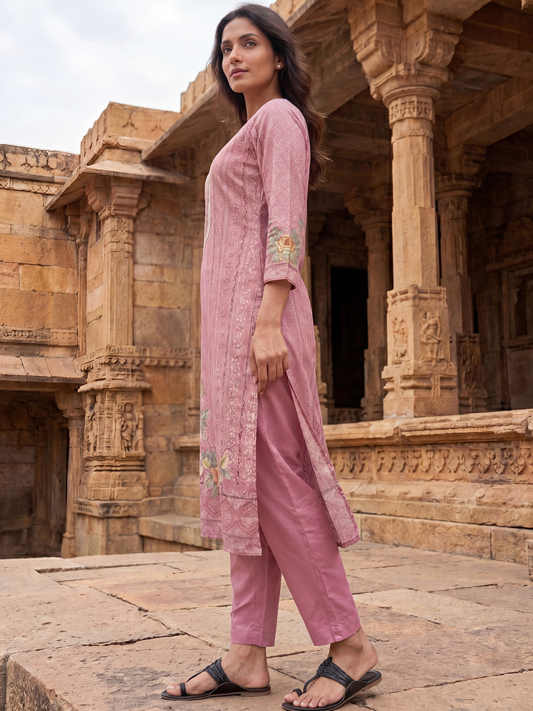 Pink Pure Cotton Ethnic Motifs Printed  Straight Kurta Sets