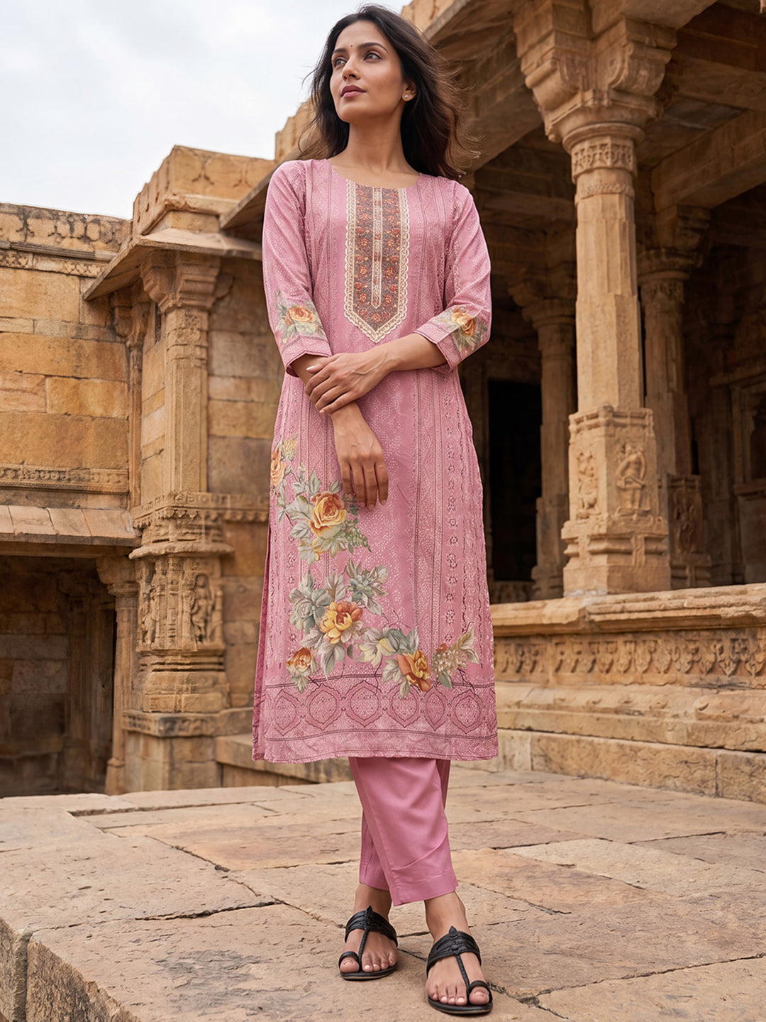 Pink Pure Cotton Ethnic Motifs Printed  Straight Kurta Sets