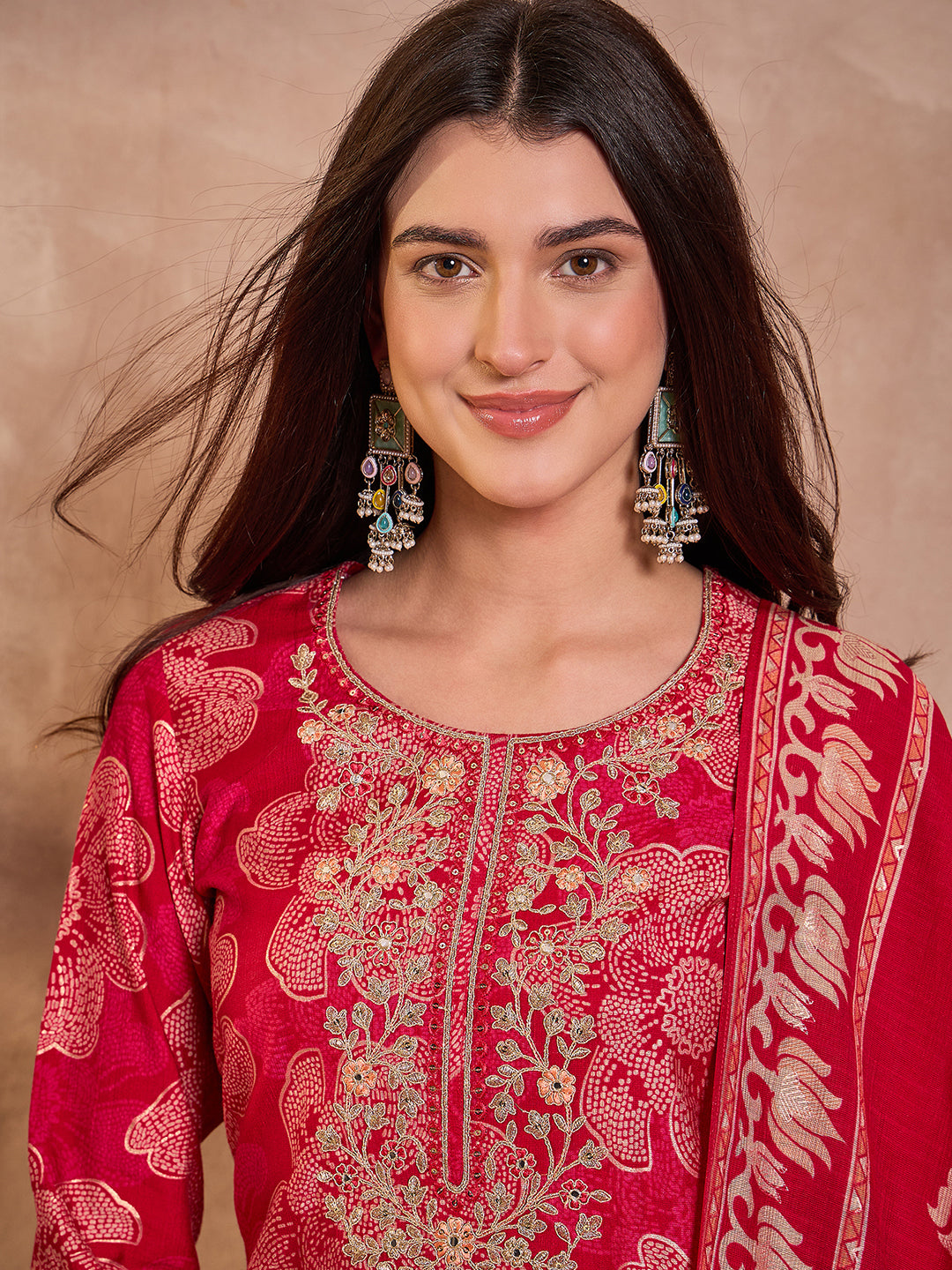 Pink  Floral Printed Straight Kurta Trouser With Dupatta