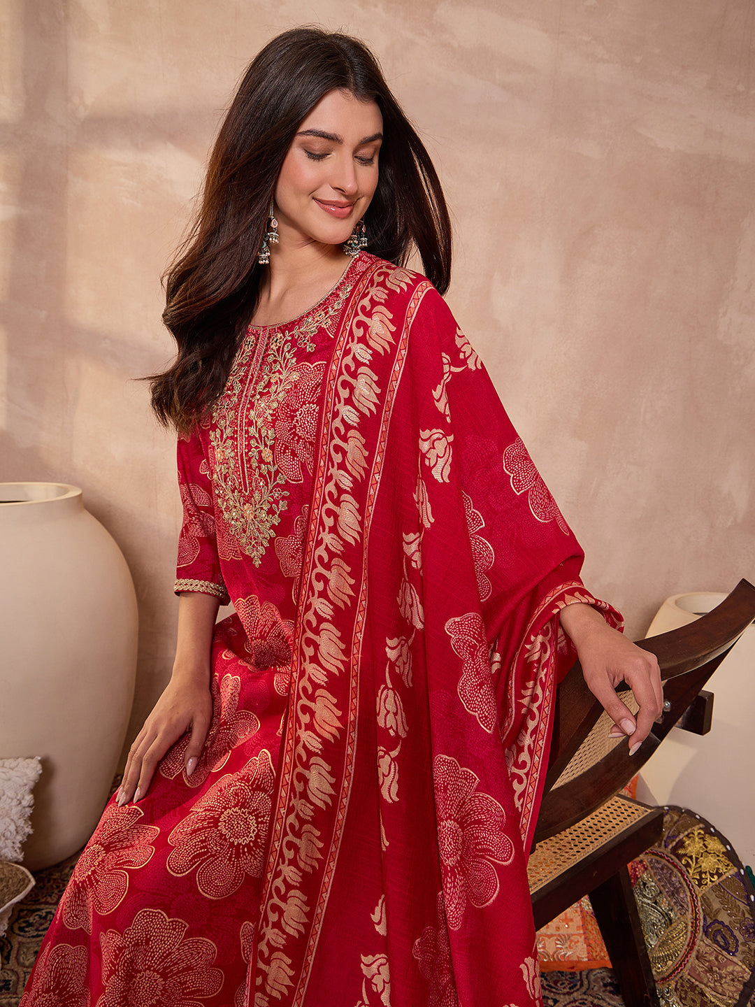 Pink  Floral Printed Straight Kurta Trouser With Dupatta