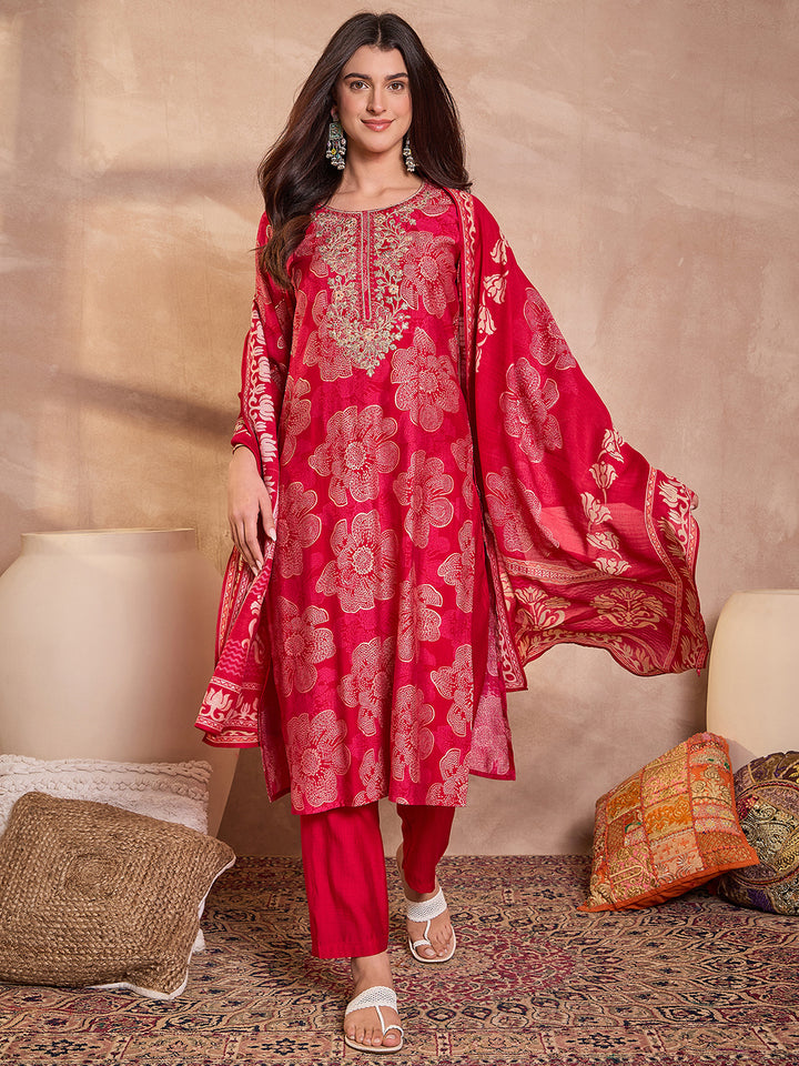 Pink  Floral Printed Straight Kurta Trouser With Dupatta