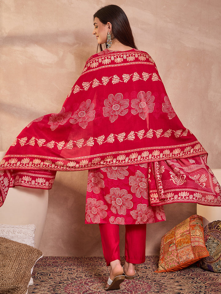 Pink  Floral Printed Straight Kurta Trouser With Dupatta