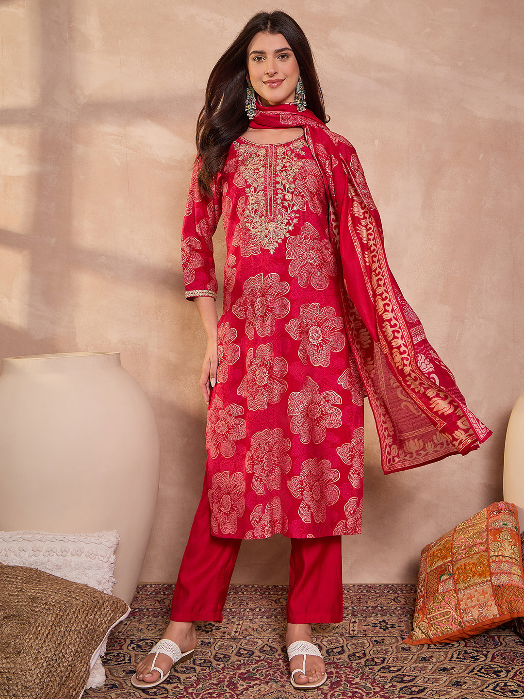 Pink  Floral Printed Straight Kurta Trouser With Dupatta