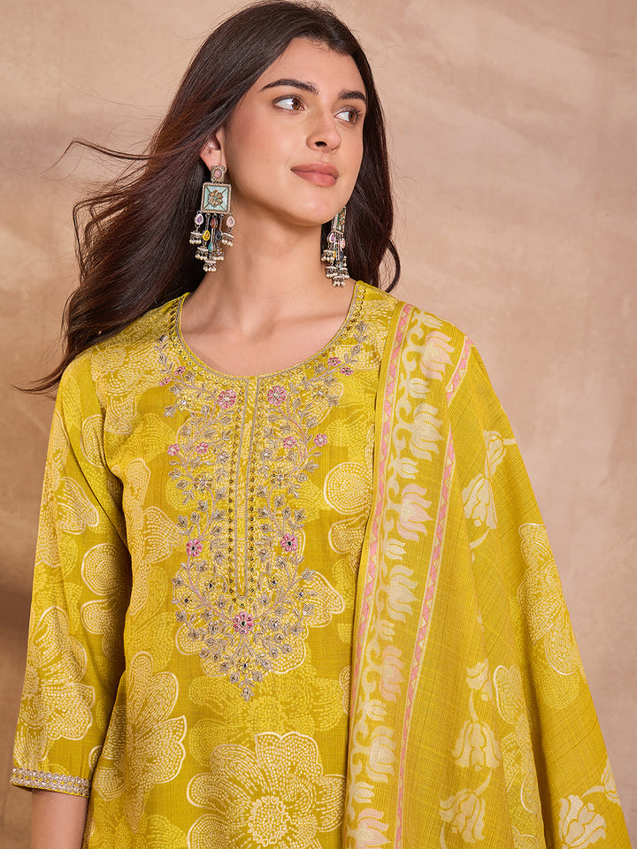 Yellow  Floral Printed Straight Kurta Trouser With Dupatta