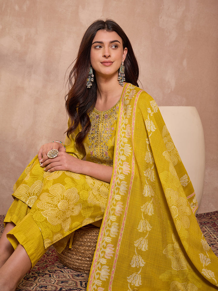 Yellow  Floral Printed Straight Kurta Trouser With Dupatta