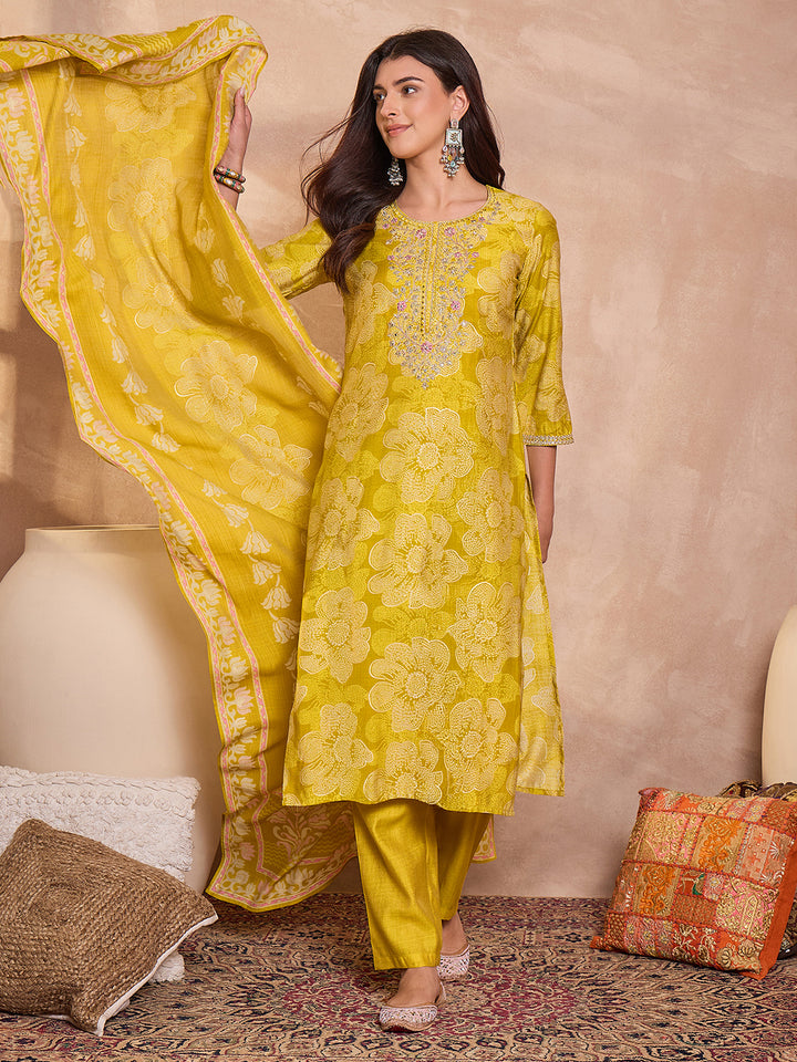 Yellow  Floral Printed Straight Kurta Trouser With Dupatta