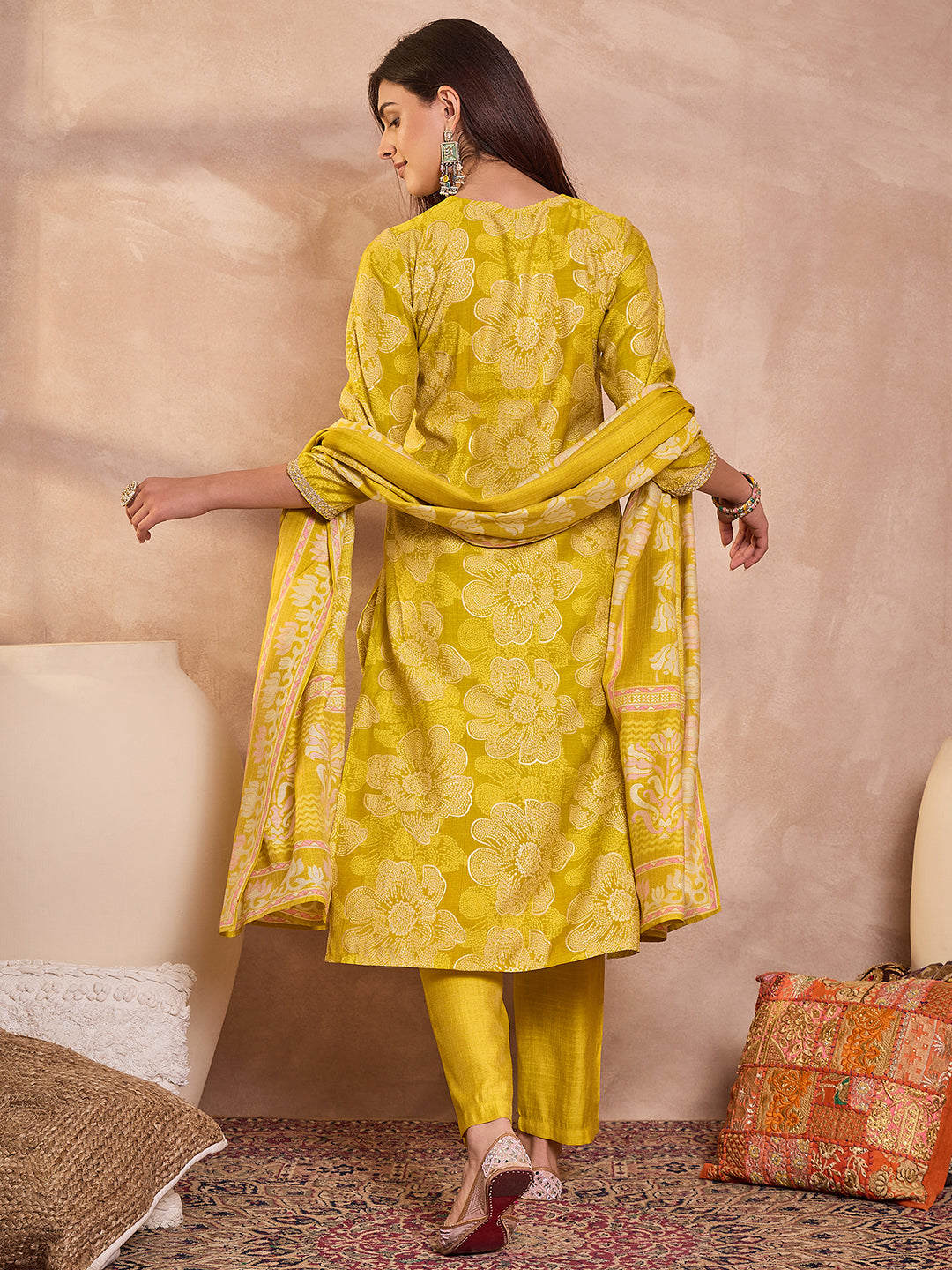 Yellow  Floral Printed Straight Kurta Trouser With Dupatta