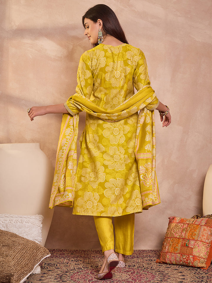 Yellow  Floral Printed Straight Kurta Trouser With Dupatta
