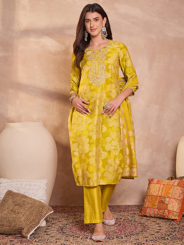 Yellow  Floral Printed Straight Kurta Trouser With Dupatta