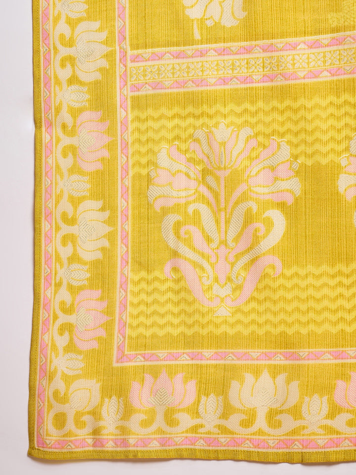 Yellow  Floral Printed Straight Kurta Trouser With Dupatta