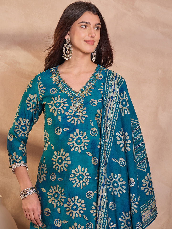 Blue Cotton Blend Abstract Printed Straight Kurta Trouser With Dupatta