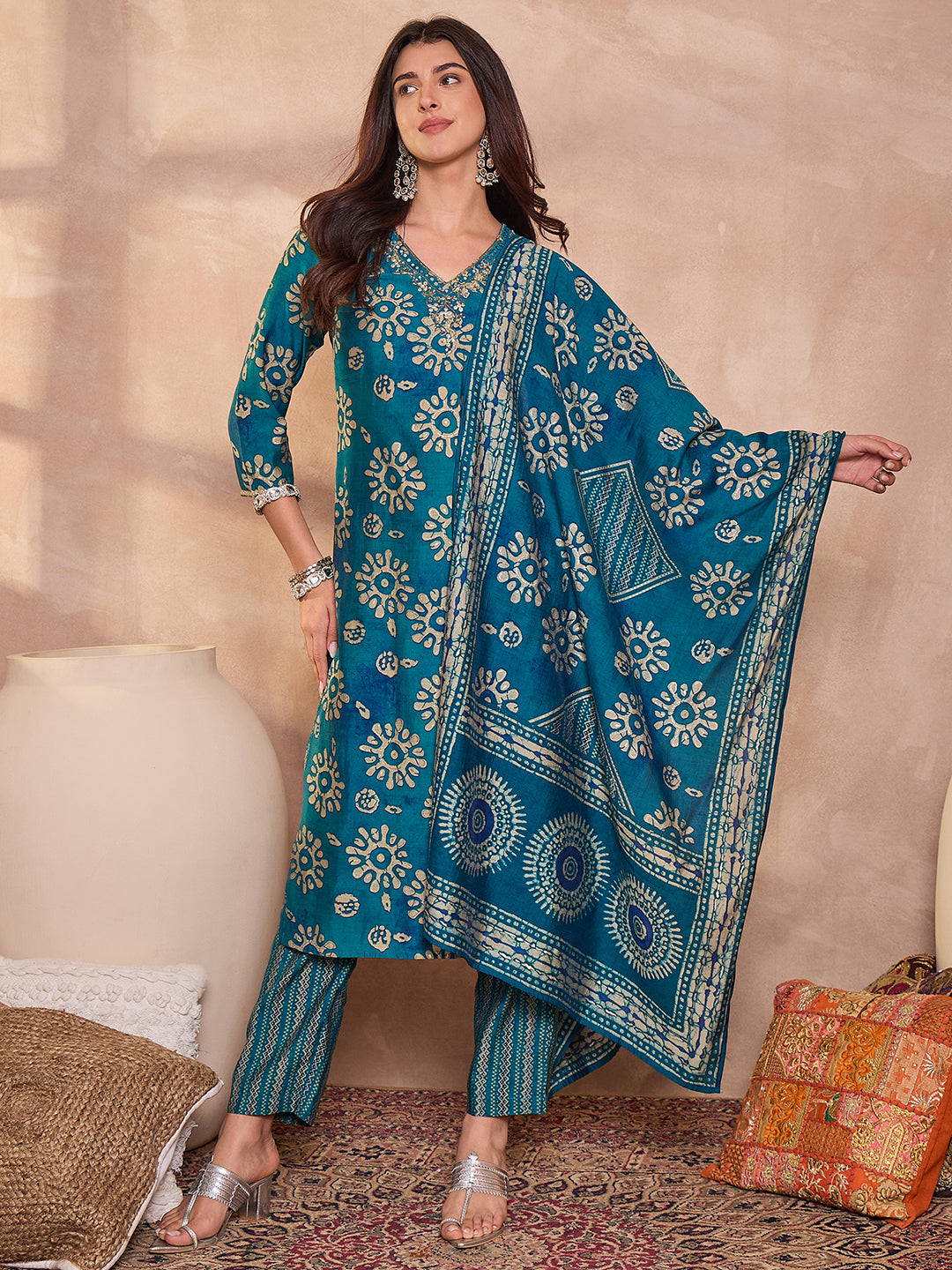 Blue Cotton Blend Abstract Printed Straight Kurta Trouser With Dupatta
