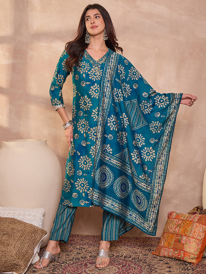 Blue Cotton Blend Abstract Printed Straight Kurta Trouser With Dupatta