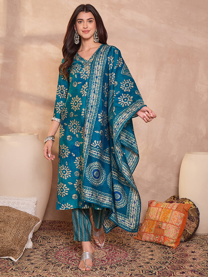 Blue Cotton Blend Abstract Printed Straight Kurta Trouser With Dupatta