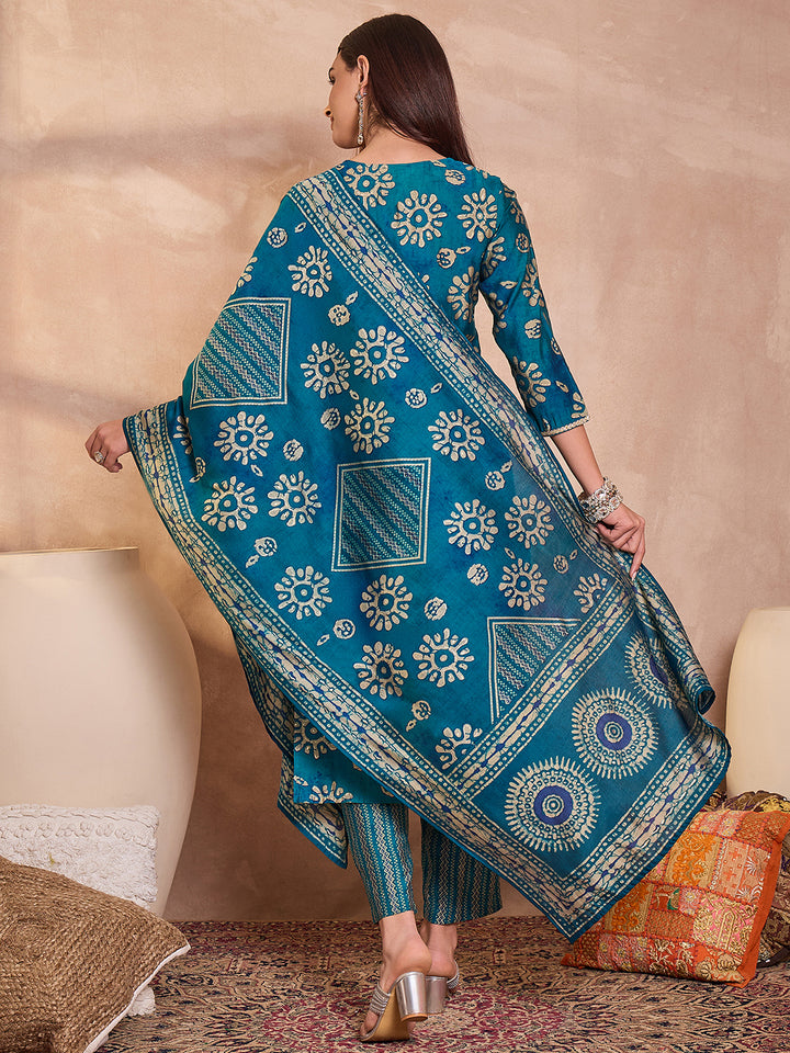 Blue Cotton Blend Abstract Printed Straight Kurta Trouser With Dupatta