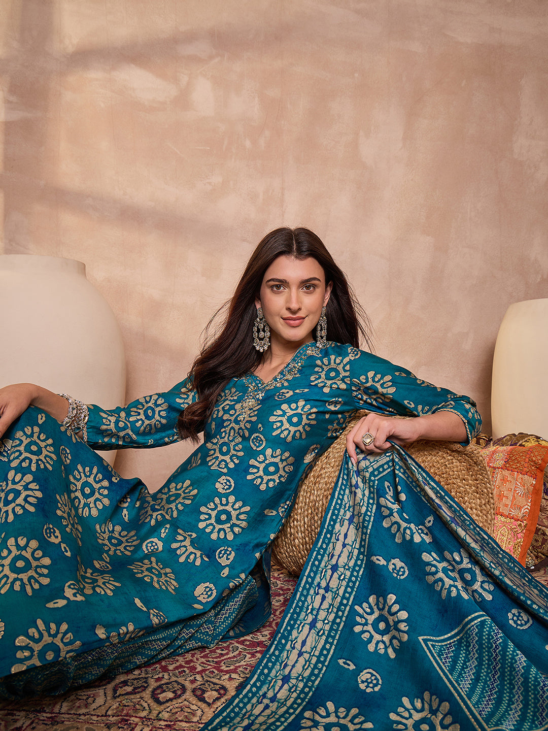 Blue Cotton Blend Abstract Printed Straight Kurta Trouser With Dupatta