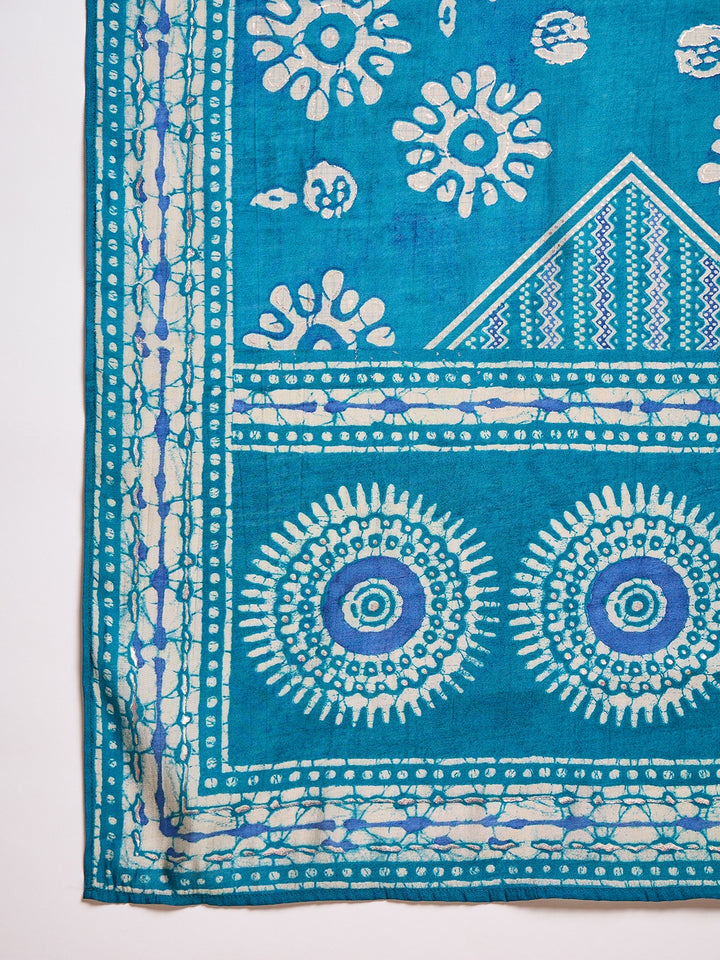 Blue Cotton Blend Abstract Printed Straight Kurta Trouser With Dupatta