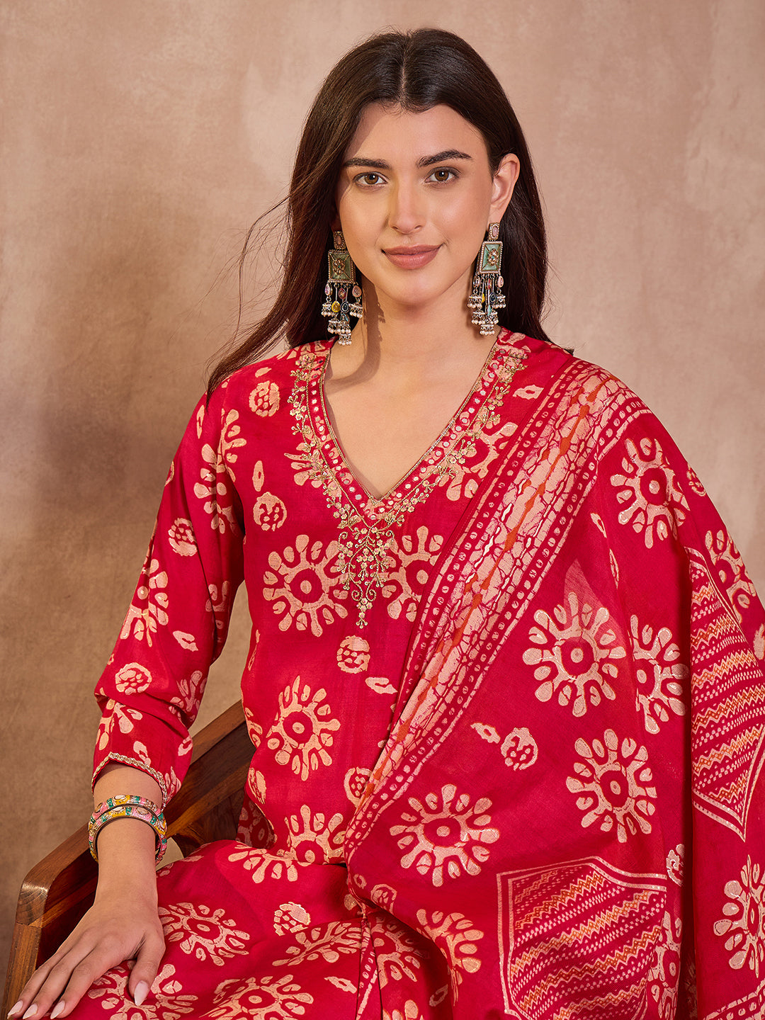 Pink Cotton Blend Abstract Printed Straight Kurta Trouser With Dupatta