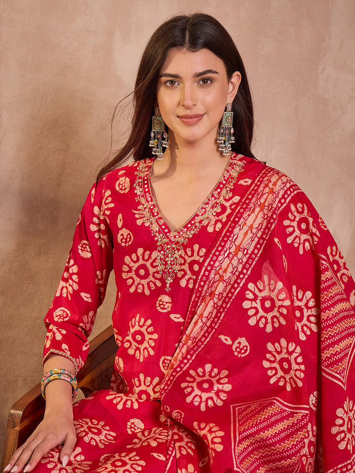 Pink Cotton Blend Abstract Printed Straight Kurta Trouser With Dupatta