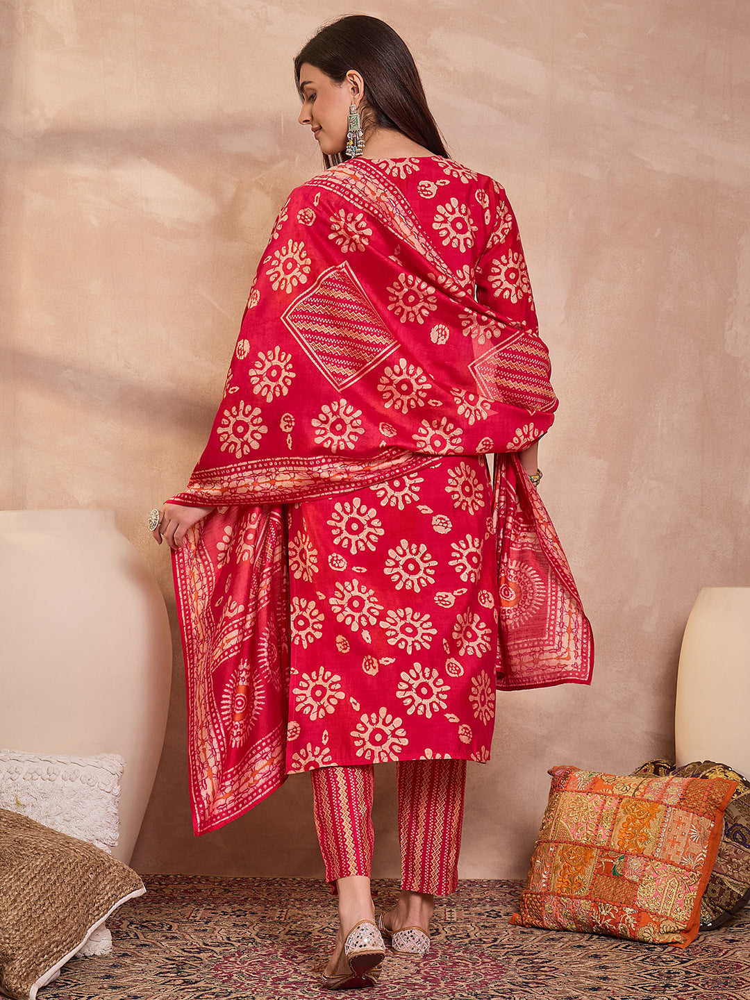 Pink Cotton Blend Abstract Printed Straight Kurta Trouser With Dupatta