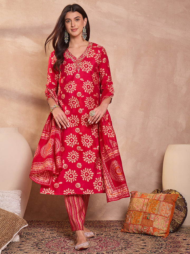 Pink Cotton Blend Abstract Printed Straight Kurta Trouser With Dupatta