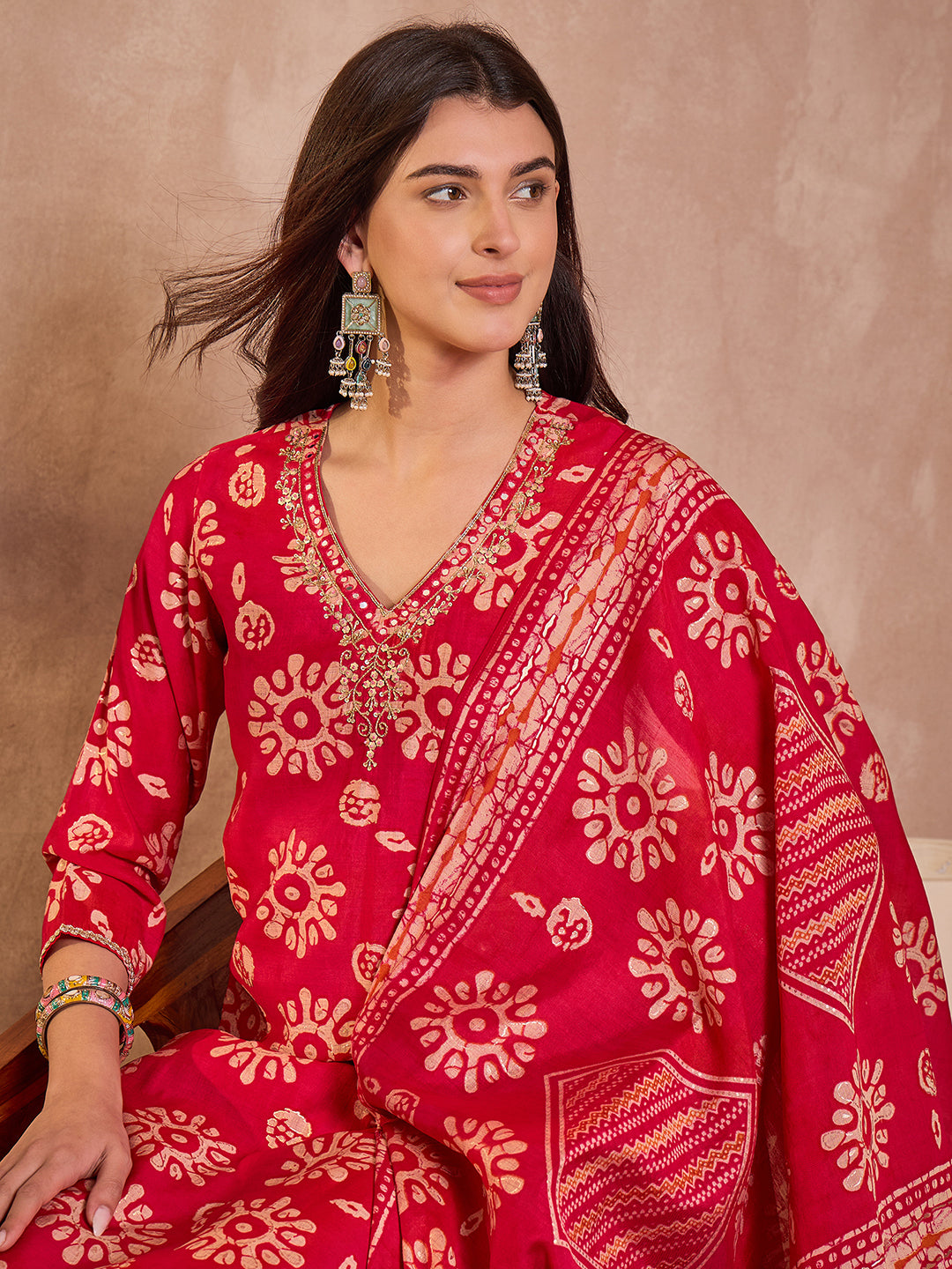 Pink Cotton Blend Abstract Printed Straight Kurta Trouser With Dupatta