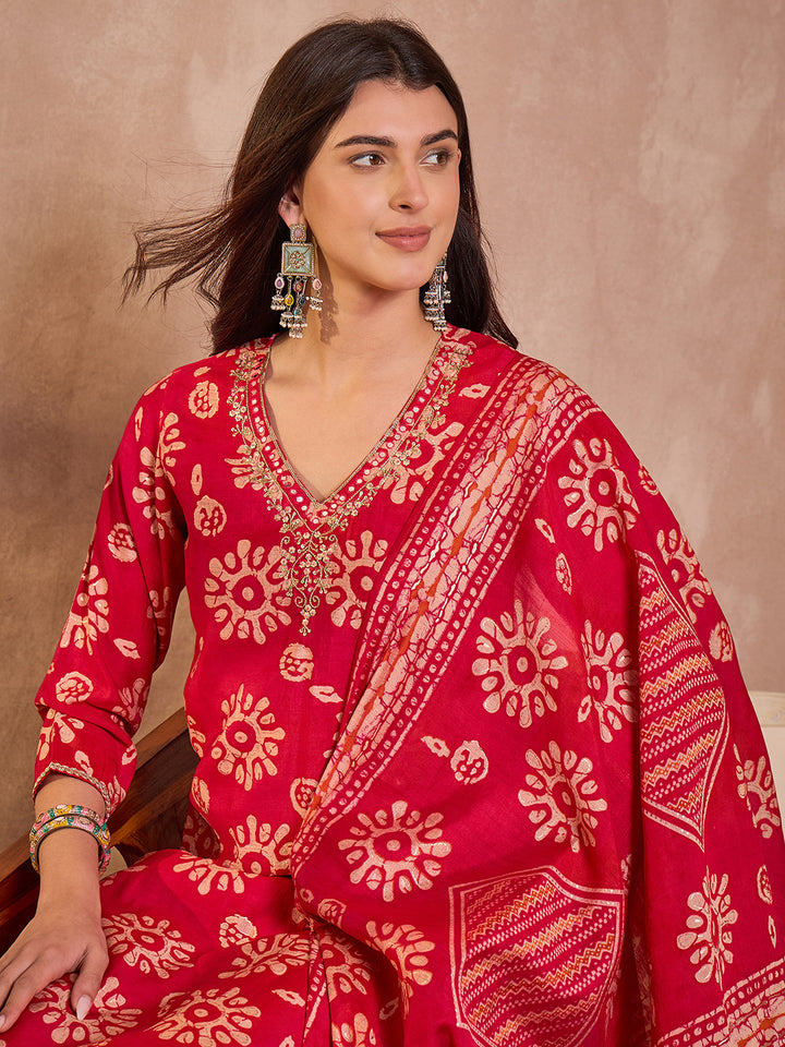 Pink Cotton Blend Abstract Printed Straight Kurta Trouser With Dupatta