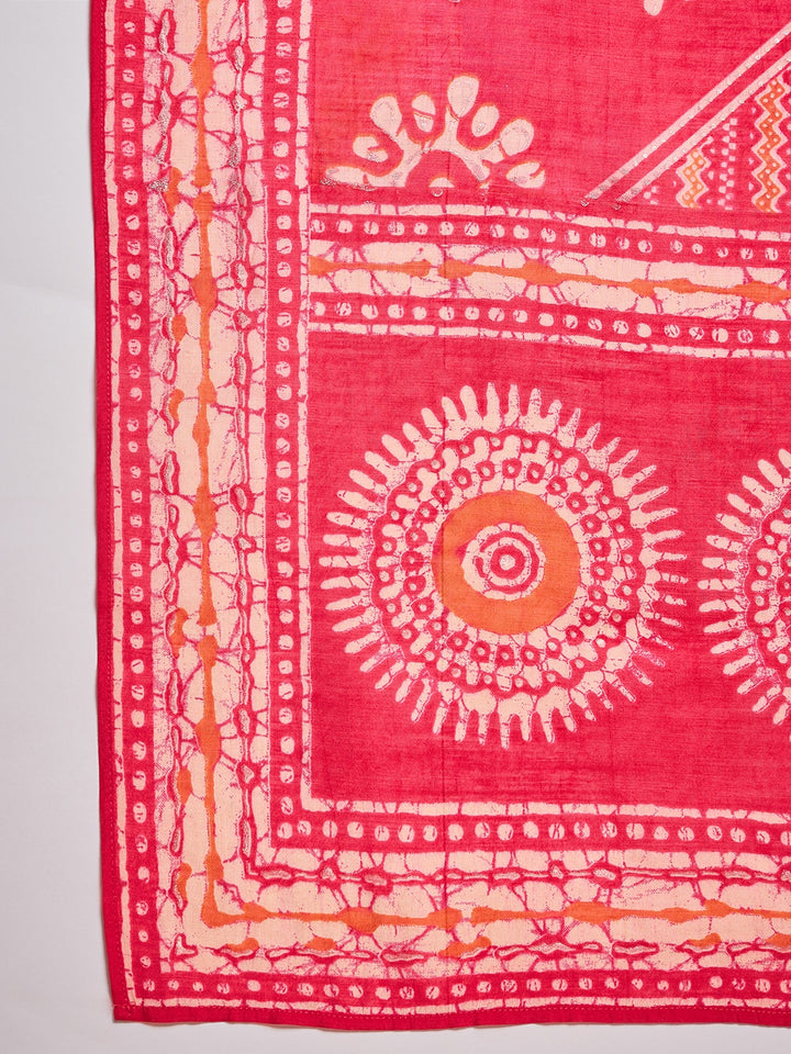 Pink Cotton Blend Abstract Printed Straight Kurta Trouser With Dupatta